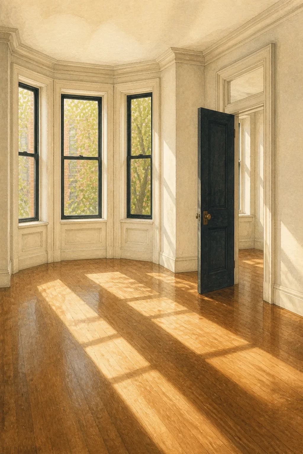 A painted empty sunlit rowhome, cleaned and ready for its next chapter