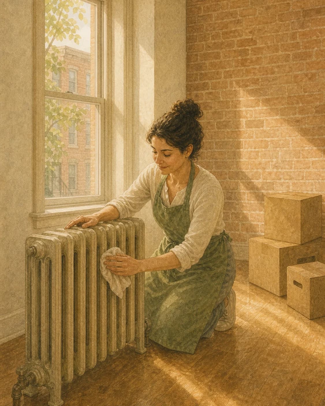 A painted cleaner detailing an old radiator in an empty Philadelphia row home