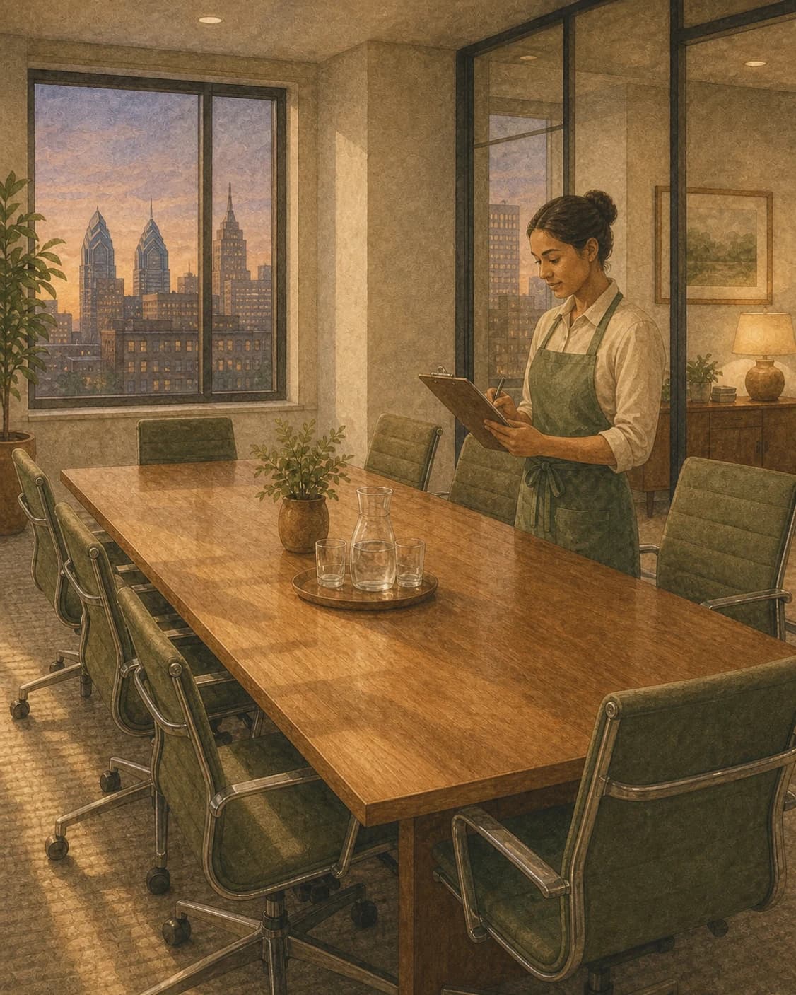 A painted Philadelphia conference room at dusk with an aproned cleaner reviewing a checklist