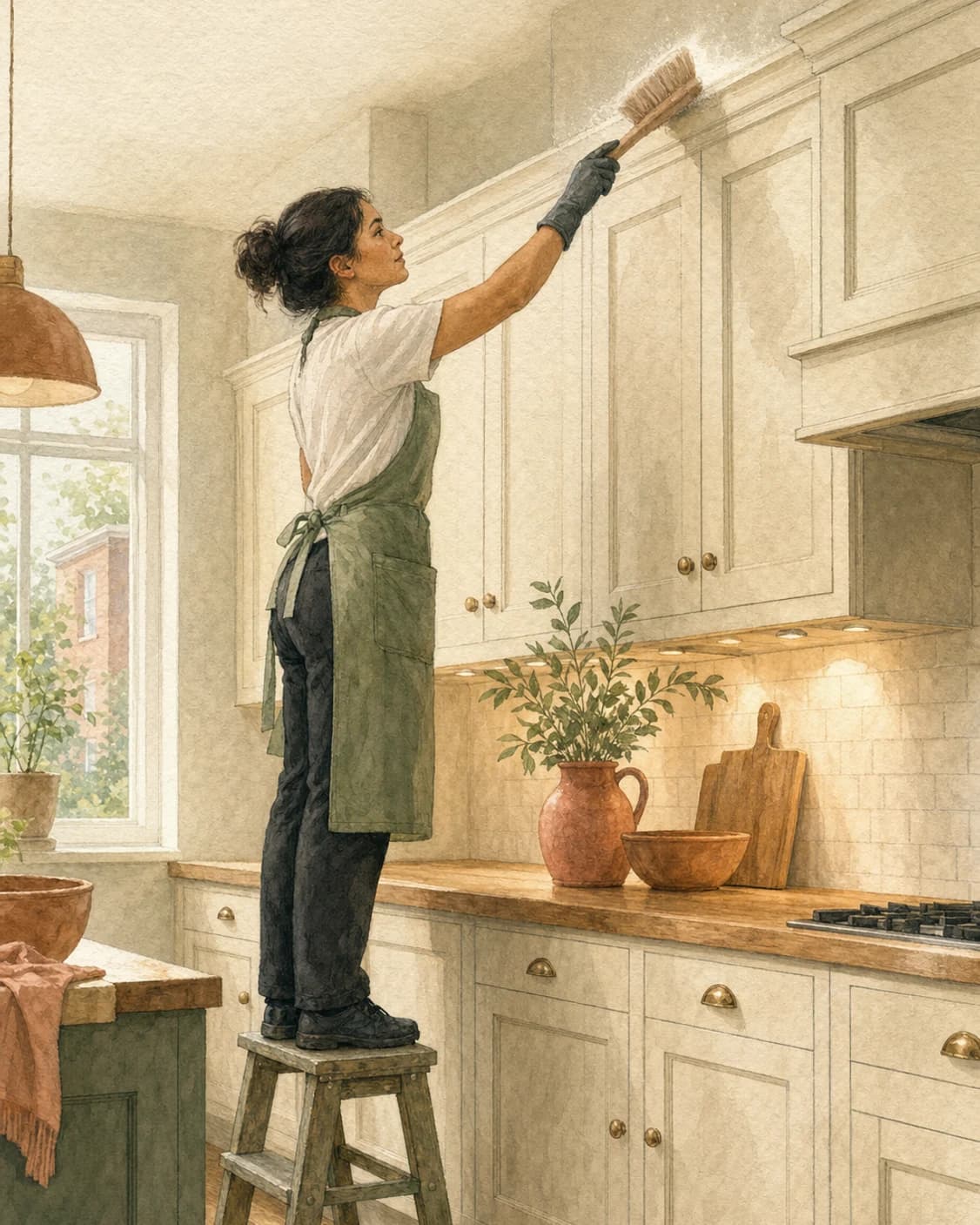 A painted cleaner removing fine construction dust from the top of new cabinetry