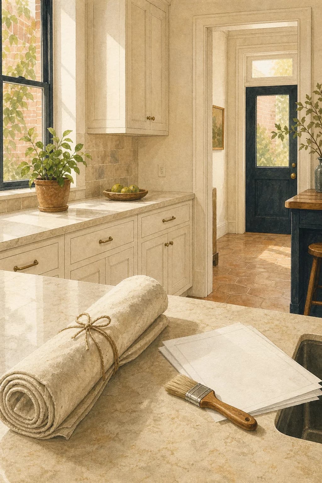 A painted finished renovation with a rolled drop cloth and clean cabinetry
