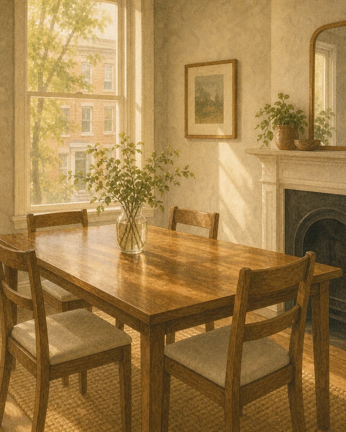 A painted rowhome dining room with a polished table, squared chairs, and stems in afternoon light