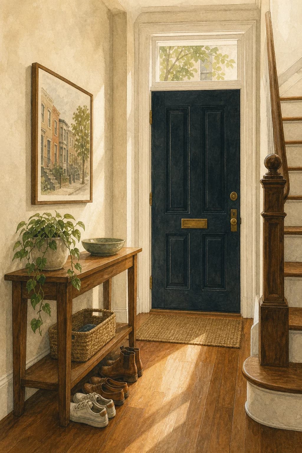 A painted tidy entry with a navy door — the house back to itself after guests