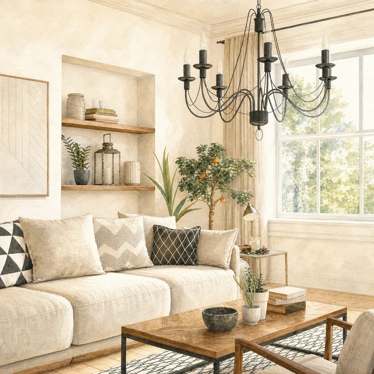 A painted bright, airy living room with a linen sectional, chandelier, and plants after a fresh clean