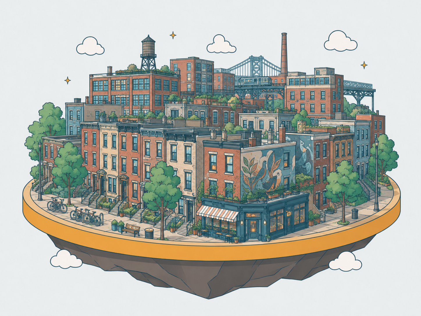 An illustration of Fishtown — brick rowhomes and warehouse conversions along Frankford Avenue beneath the El