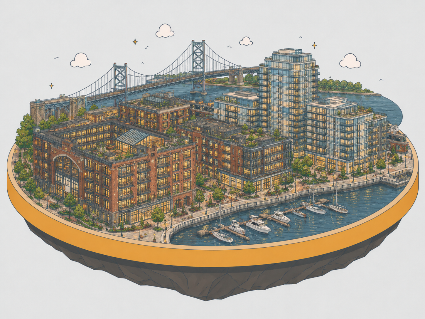 An illustration of Penn's Landing — the Delaware River waterfront with piers, a bridge, and the Philadelphia skyline behind it