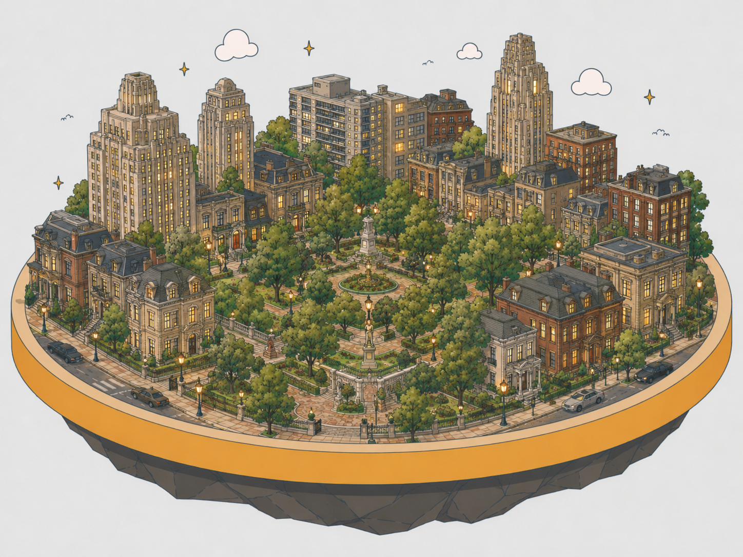 An illustration of Rittenhouse Square — the leafy park ringed by historic brownstones and high-rises