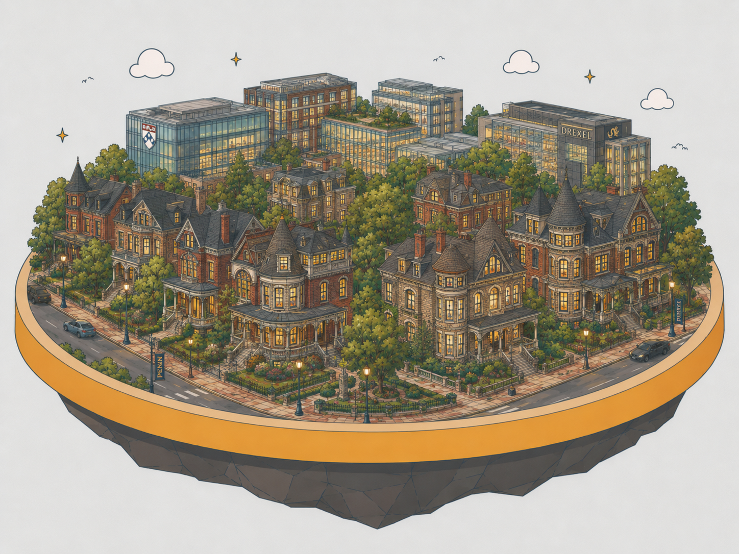 An illustration of University City — campus blocks and Victorian rowhomes running west from 30th Street Station