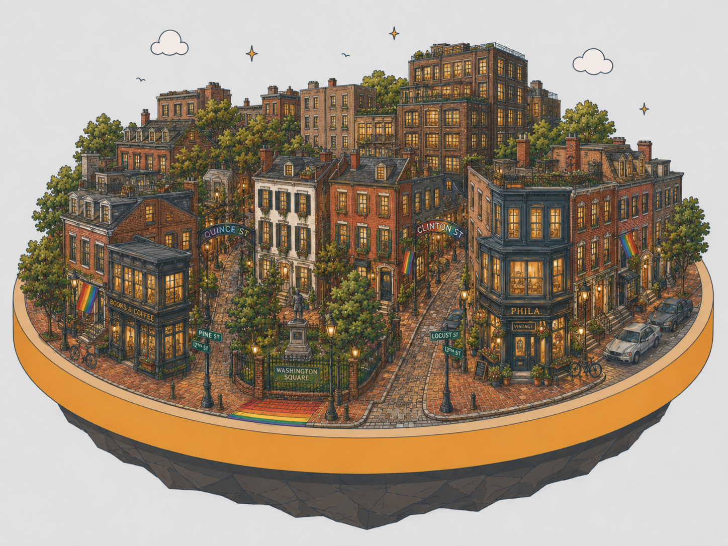 An illustration of Washington Square West — tree-lined rowhome blocks running into the Gayborhood's lit-up 13th Street strip